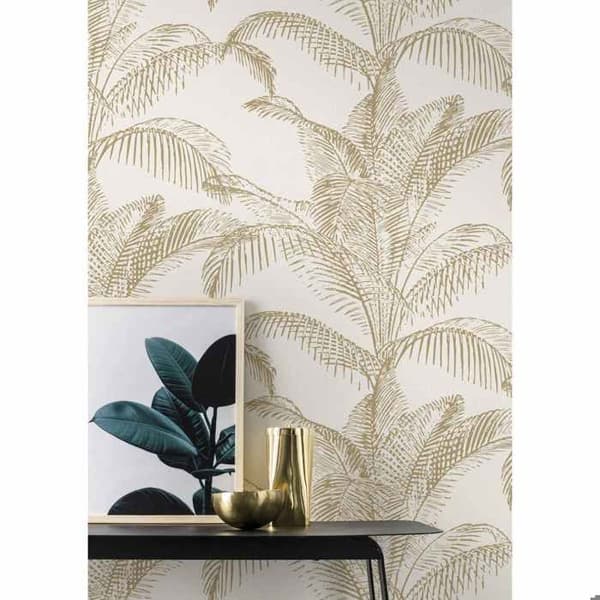 Tapet Pandore Palmblad - RASCH - Vit/Guld - 10,05m x 53cm - Blom- och växtmönster