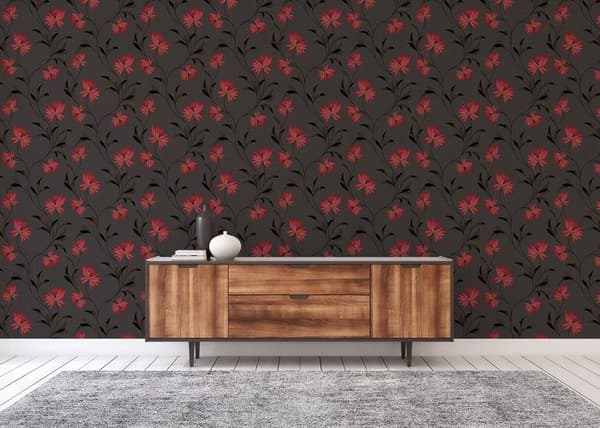Papper Tapet Blommor M1-No.3815 Tapet i Röd Svart Klassisk