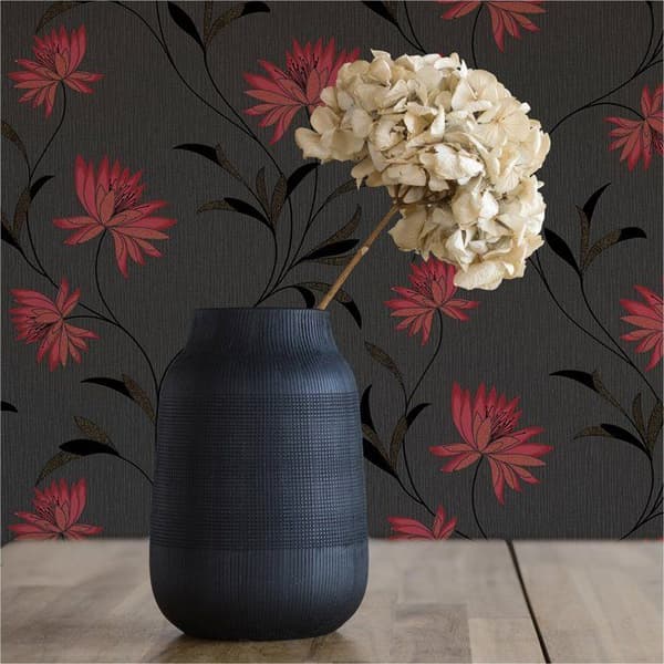 Papper Tapet Blommor M1-No.3815 Tapet i Röd Svart Klassisk