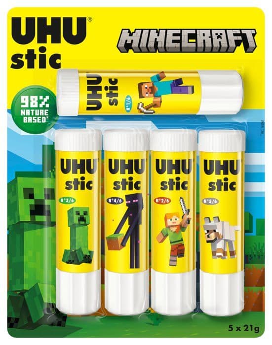 Uhu - 7004785 - Stic Minecraft - Lösningsmedelsfria limstift, vita, Minecraft-utgåvan, förpackning med 5 stift på 21 g
