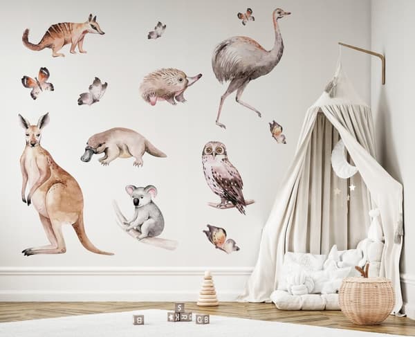 Lasten seinätarrat Kenguru, Koala, Strutsi 125x250cm