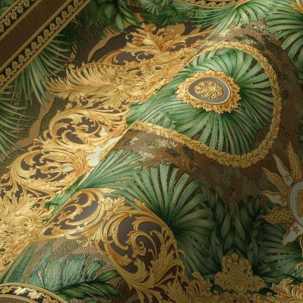 VERSACE TAPET Dschungel Tapet Lyx 387033 Grön Palmträd Guld Brun Designer Logotyp Medusa 10,05x0,70m Tillverkad i Tyskland