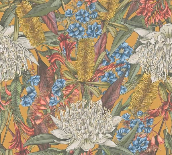 A.S. Création Draget In Nat 394284 non-vävd tapet blommor floral 10.05 x 0.53 m gul vardagsrum sovrum kontor