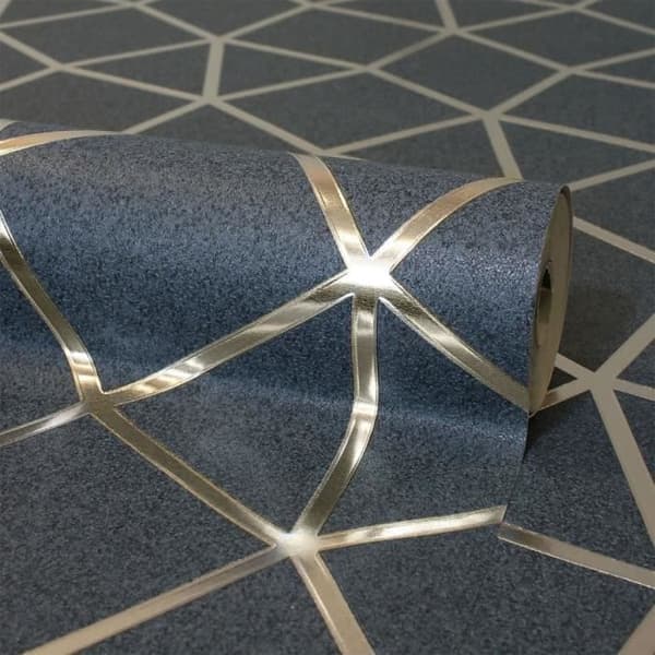 Tapet - FD - Geometriskt Gitter - Blå - Guld - 53 cm Bredd
