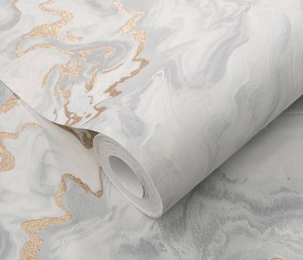 Texturerat vinyltapet marmor-effekt Mystic Magic Elle Decoration Ljusgrå / Guld 10447-31