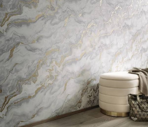 Texturerat vinyltapet marmor-effekt Mystic Magic Elle Decoration Ljusgrå / Guld 10447-31