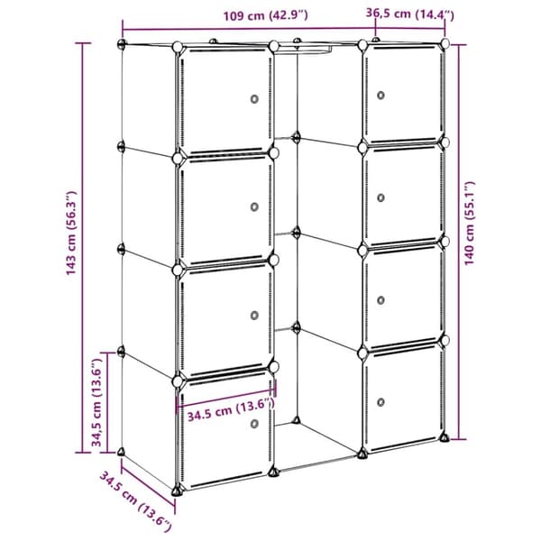 vidaXL Moduulikaappi 9 lokeroa 109x36,5x143 cm valkoinen