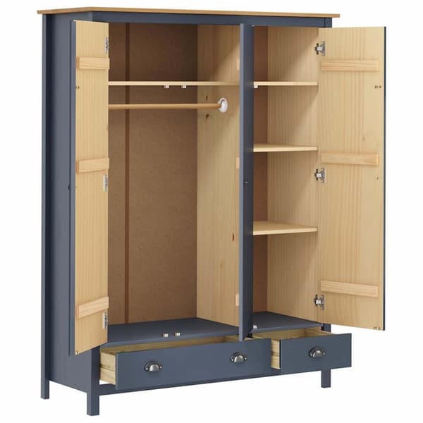 vidaXL klædeskab med 3 låger Hill 127x50x170 cm massivt fyrretræ grå