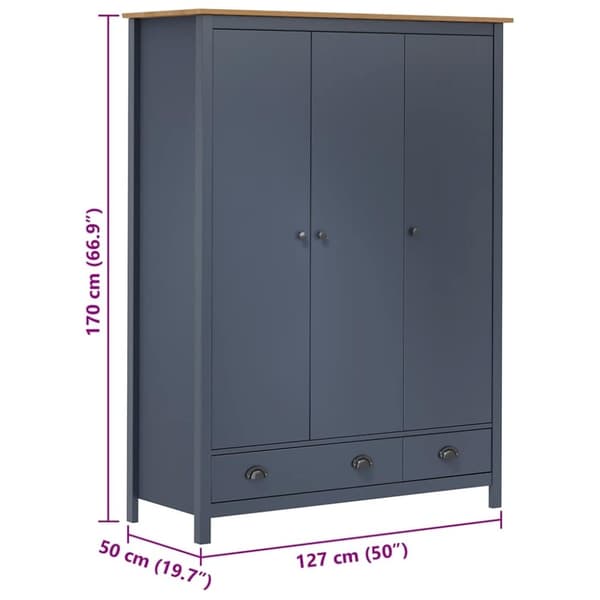 vidaXL klædeskab med 3 låger Hill 127x50x170 cm massivt fyrretræ grå