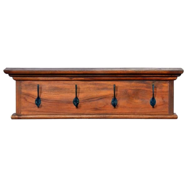vidaXL Väggmonterad hylla med krokar 70x10x20 cm massiv teak