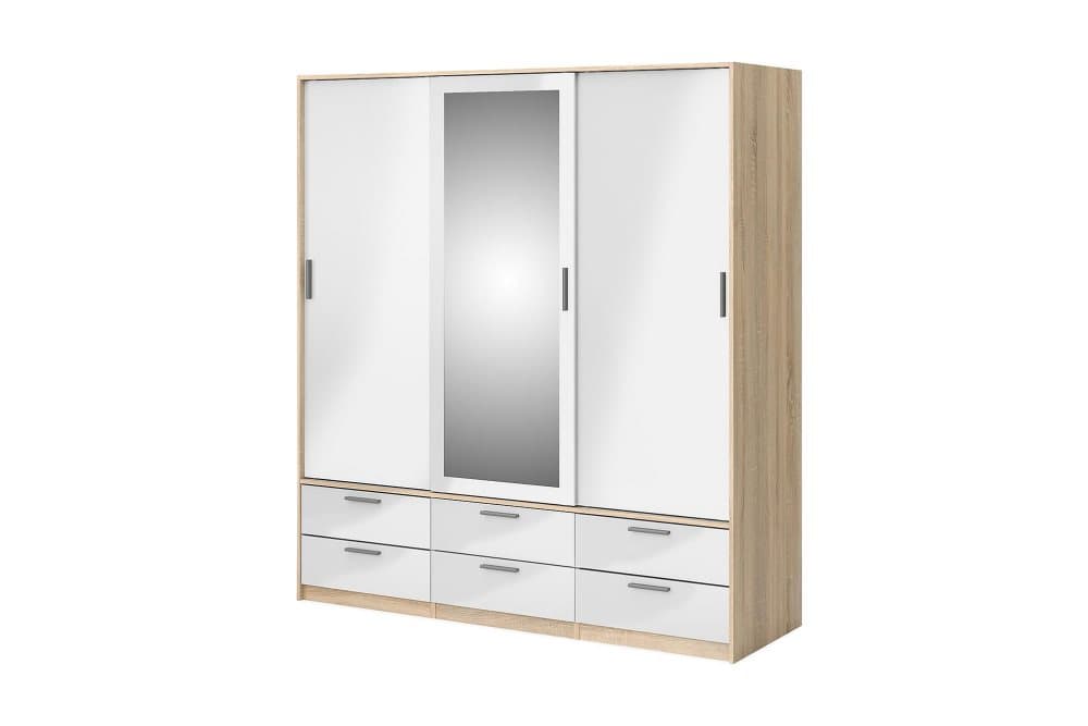 NEFELI Garderob 181 3 Skjutdörrar 6 Lådor Vit/Brun