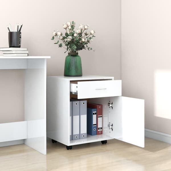 vidaXL skab med hjul 45x38x54 cm spånplade hvid højglans