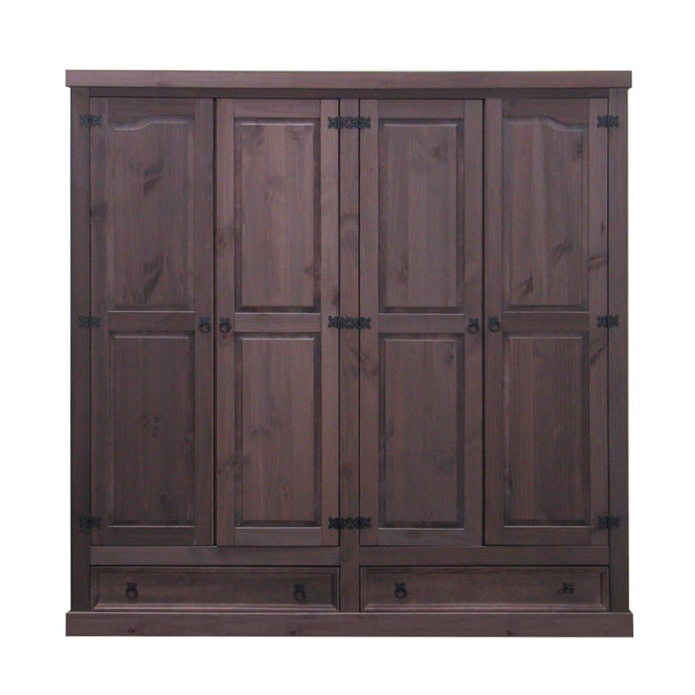 New Mexico klädskåp 4 dörrar med 2 lådor bredd 194 cm, höjd 195 cm kolonialstil betsat/vaxat.