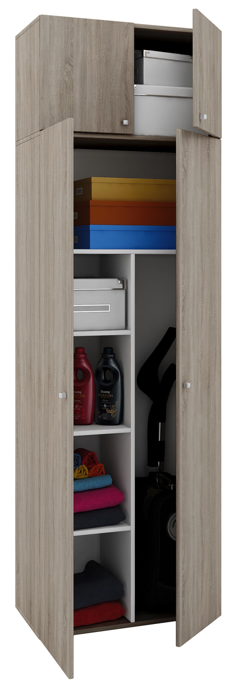 Vandol II garderob, städskåp med överskåp 4 dörrar ekmönstrad.