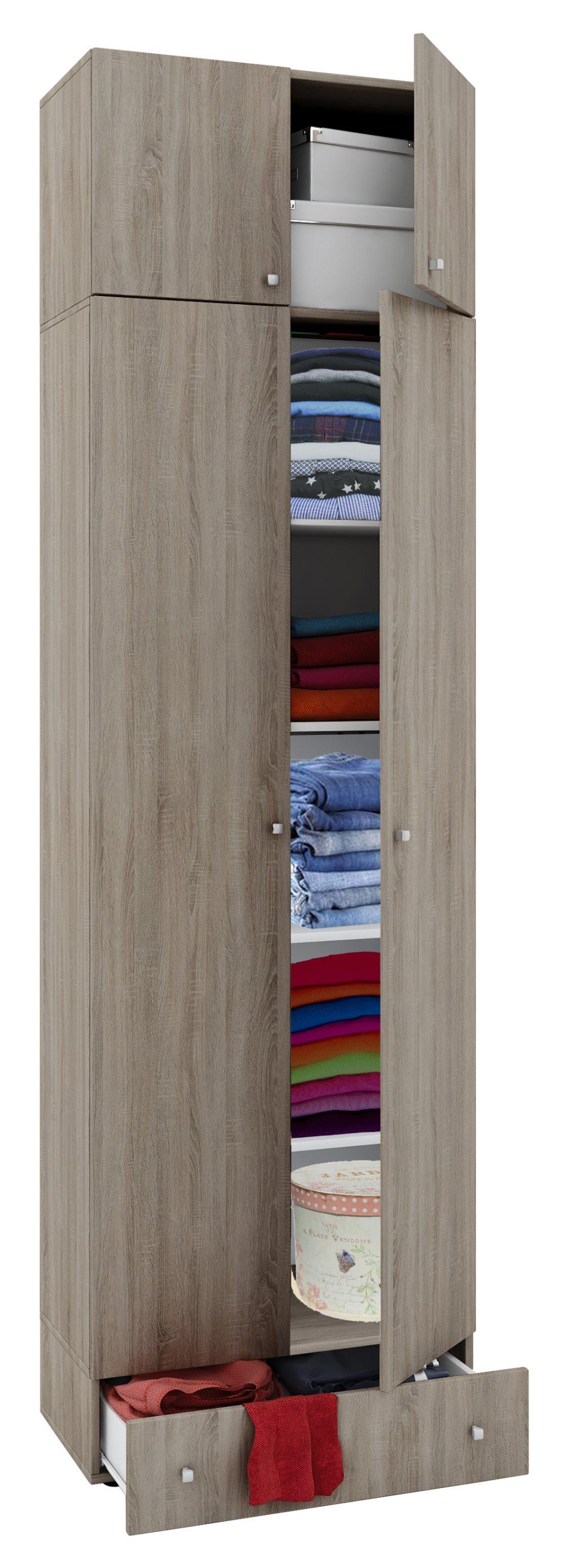 Vandol I garderob med överskåp, 4 dörrar och 1 låda ekmönstrad.