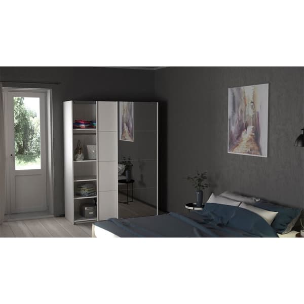 Veto skydedørsskab B150 cm 1 låge og 1 spejlåge, hvid og hvid højglans.