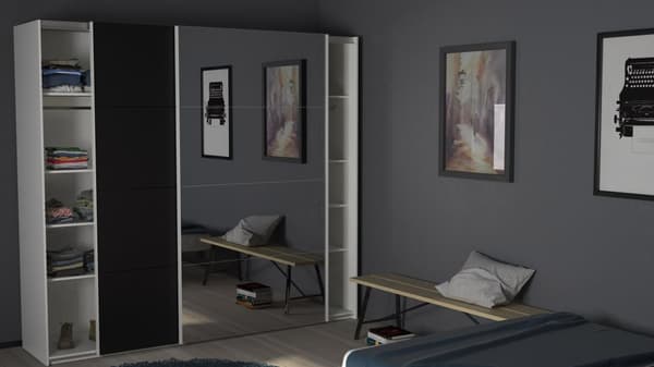 Veto skydedørsskab B243 cm 1 låge og 1 spejlåge, hvid og mat sort.