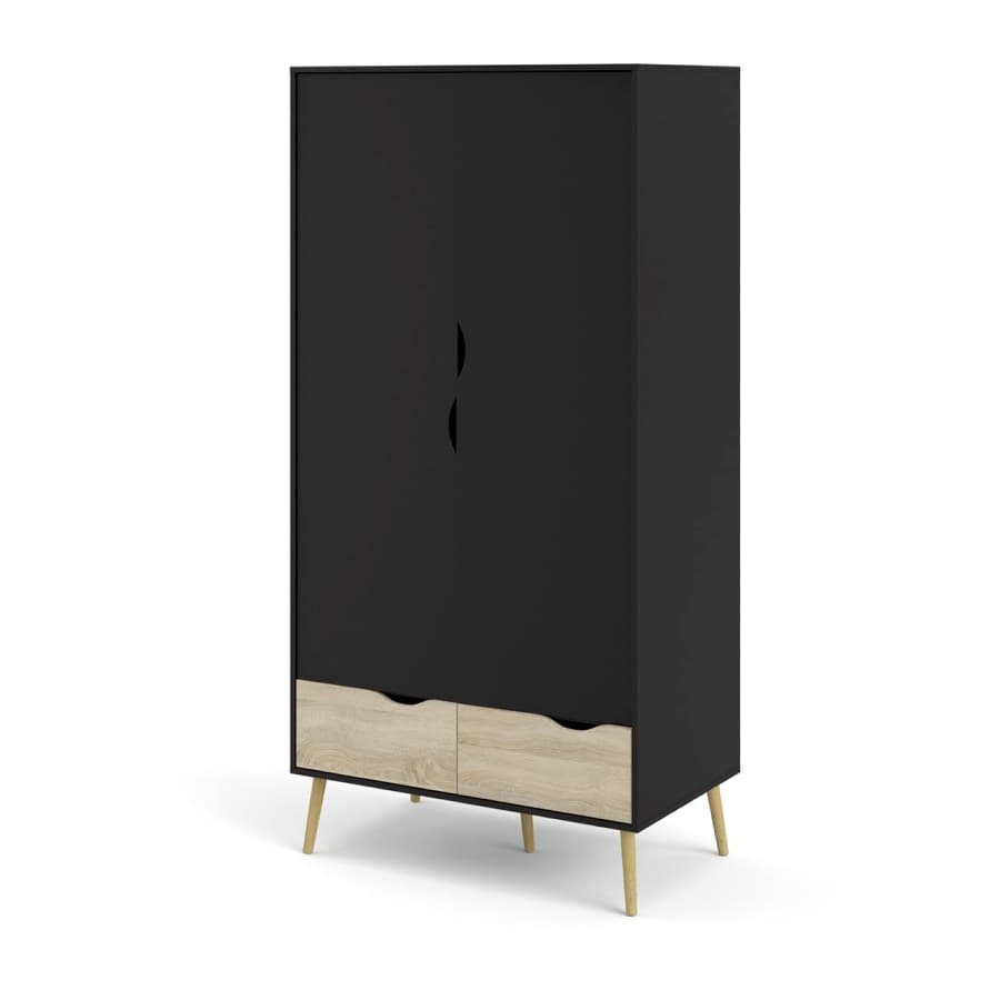 Napoli klädskåp 2 dörrar och 2 lådor matt svart, ek-look.