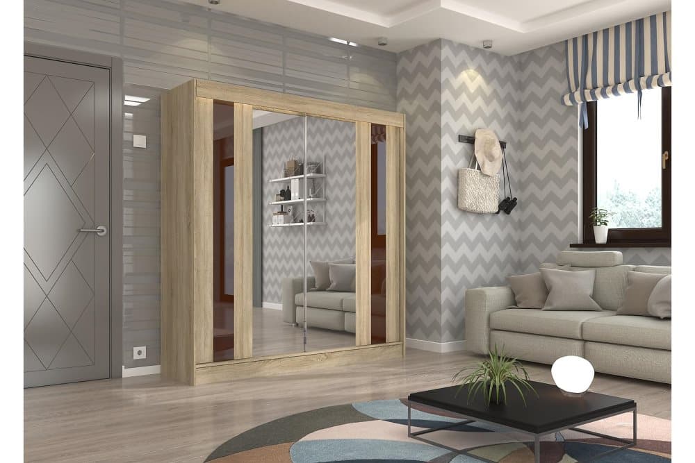 KINTA Garderob med Spegel 200x215 cm Mörkbrun/Ekfärg