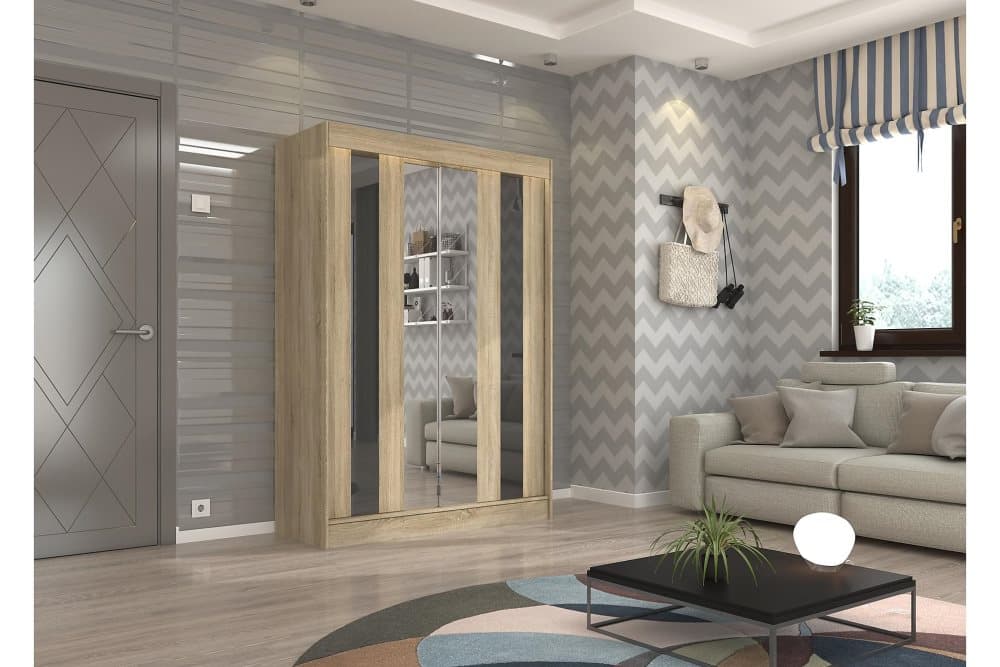 KINTA Garderob med Spegel 150x215 cm Ljust Trä/Svart