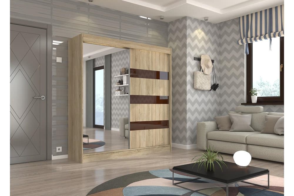 LAJES Garderob med Spegel 200x215 cm Mörkbrun/Ekfärg