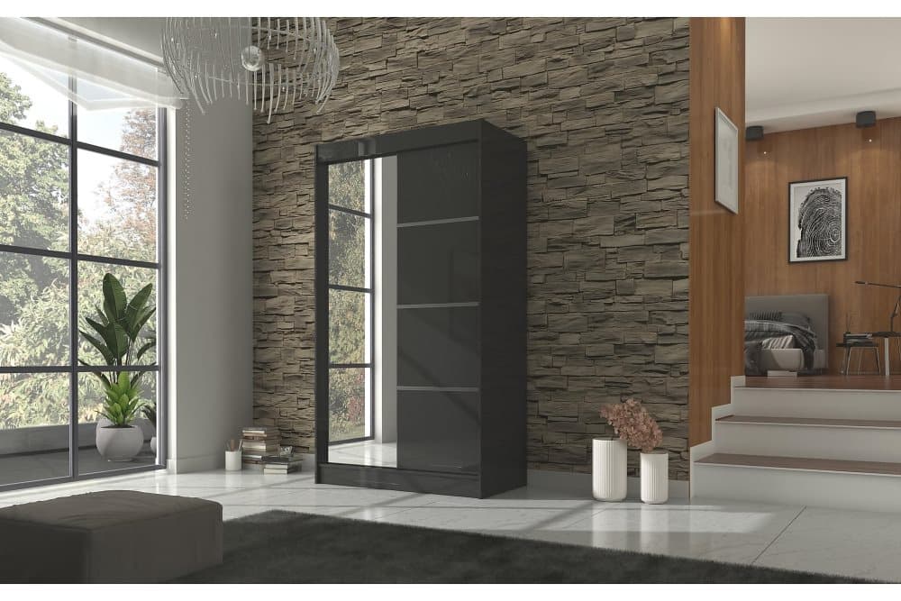 GILANA Garderob med Spegel 120x215 cm Svart