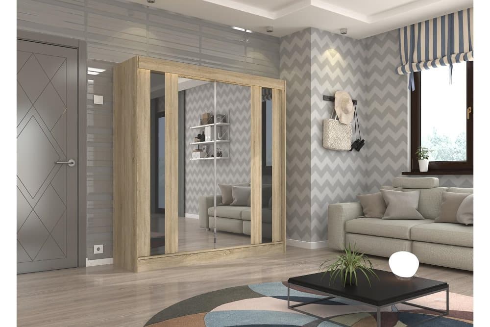 KINTA Garderob med Spegel 200x215 cm Ljust Trä/Svart