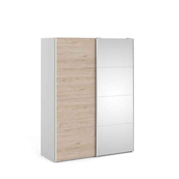 Veto skyvedørsskap B150 cm 1 dør og 1 speildør hvit og hickory dekor.