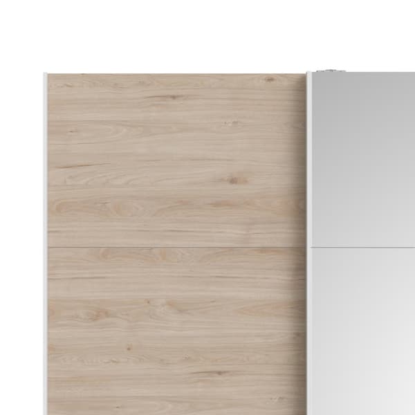Veto skyvedørsskap B150 cm 1 dør og 1 speildør hvit og hickory dekor.