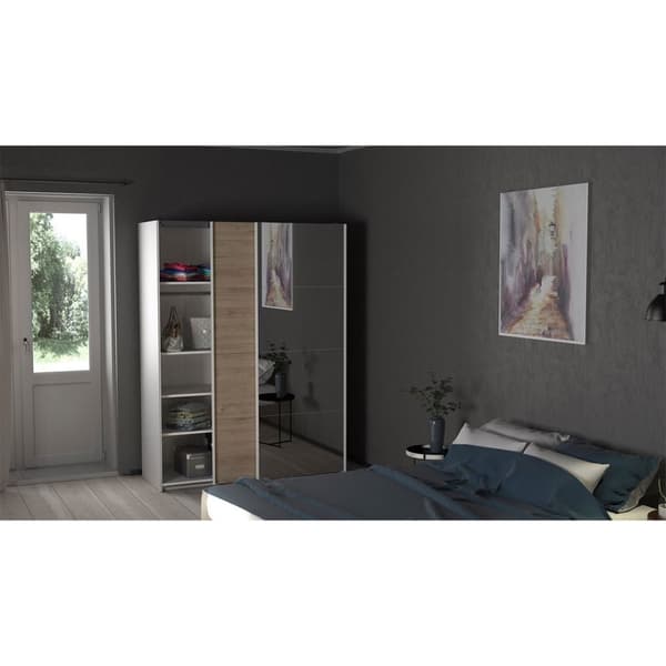 Veto skyvedørsskap B150 cm 1 dør og 1 speildør hvit og hickory dekor.