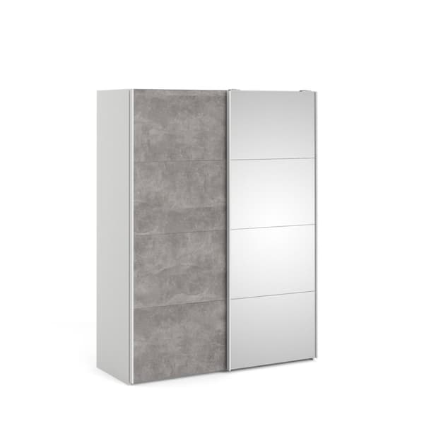 Veto skydedørsskab B150 cm 1 låge og 1 spejlåge, hvid og beton dekor.