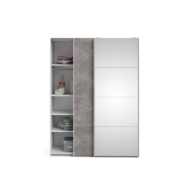 Veto skydedørsskab B150 cm 1 låge og 1 spejlåge, hvid og beton dekor.