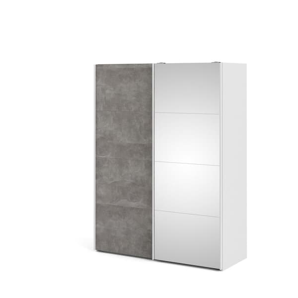 Veto skydedørsskab B150 cm 1 låge og 1 spejlåge, hvid og beton dekor.