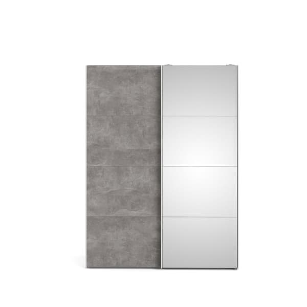 Veto skydedørsskab B150 cm 1 låge og 1 spejlåge, hvid og beton dekor.
