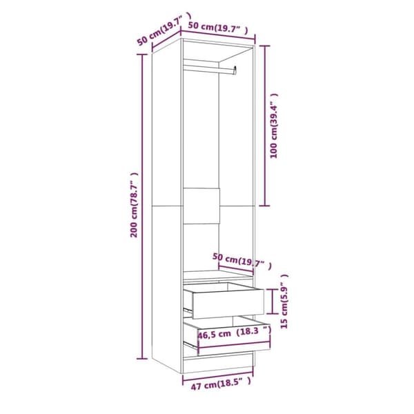 vidaXL Garderobe med skuffer grå sonoma 50x50x200 cm konstruert tre