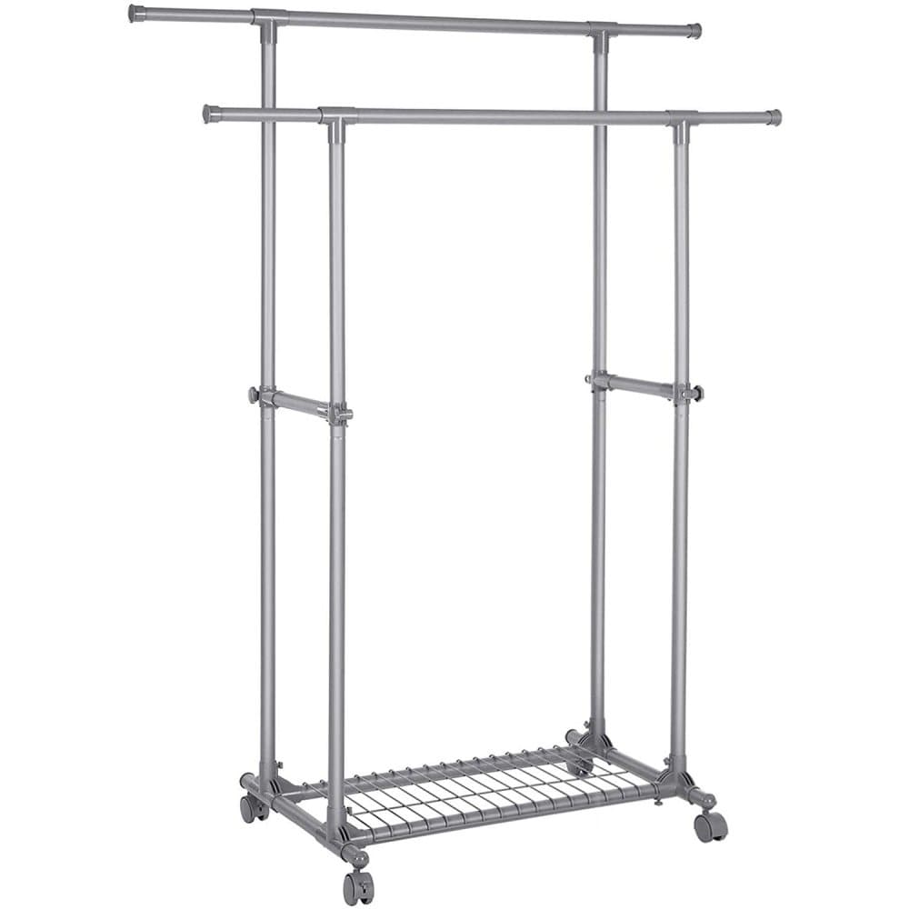 Rootz Klädställ på hjul - Utdragbar klädhängare med dubbelstång - Mobil - Klädställ - Max. belastning 70 kg - (87-150) x 52 x 166 cm - Grå