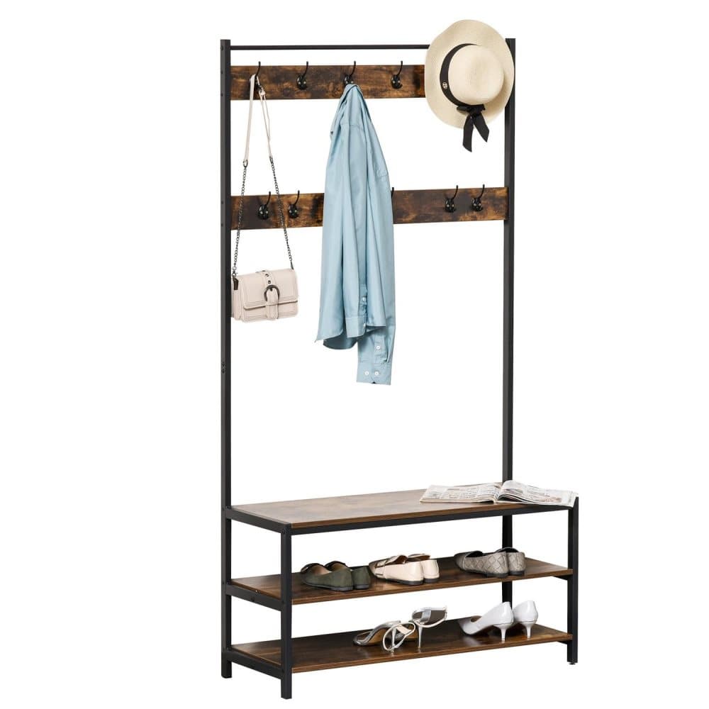Rootz Garderobsställ - Klädställ - 12 krokar - Skoställ - 100 x 40 x 184 - Stål - MDF - Brun - Svart