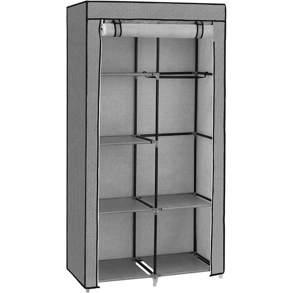 Rootz Garderob - Tyggarderob - 2 klädskenor - Non-Woven Tyg - 6 hyllor - Grå - 88 x 45 x 168 cm