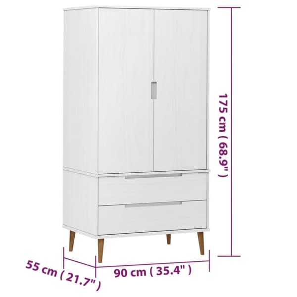 vidaXL klædeskab 90x55x175 cm massivt fyrretræ hvid
