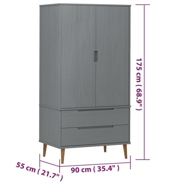 vidaXL Klädskåp MOLDE grå 90x55x175 cm massiv furu