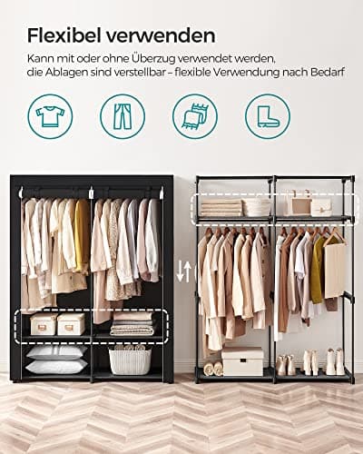 Songmics Garderobeskab, tøjopbevaringsgarderobe til soveværelse med 2 bøjlestang, sort