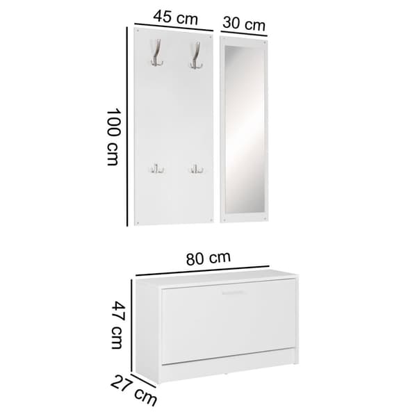 Rootz vägghängd garderob med spegel & skoskåp spånskiva vit - Modern Hall Compact Garderob för jackor & skor - komplett garderob
