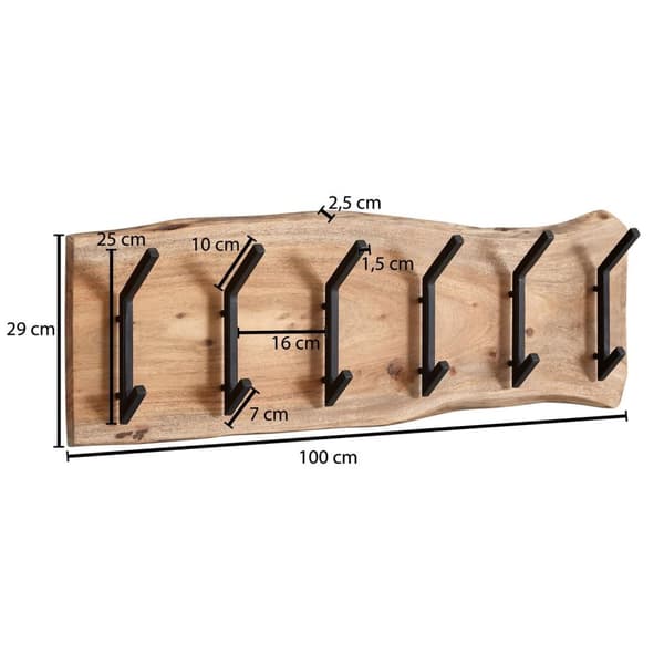 Rootz design naulakko akaasia massiivipuuta - metalli 100 x 29 x 12,5 cm - Koukkukisko eteisen naulakkoseinä - Vaatekaappipuuta