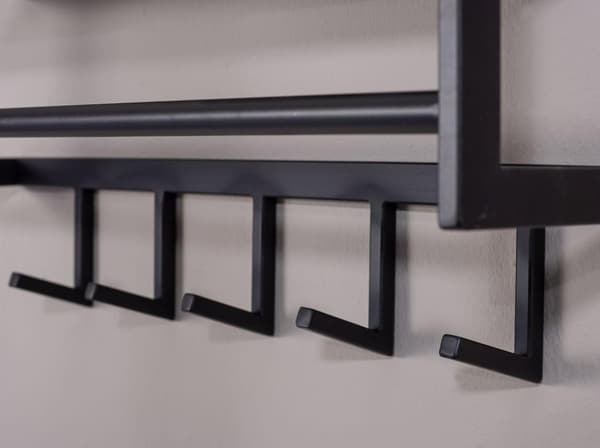 Rootz väggklädhängare metall svart 70x20x20 cm hall klädhängare med hylla - Design krokskena väggpanel stål - Garderobsvägg med hatthylla - Klädhängar