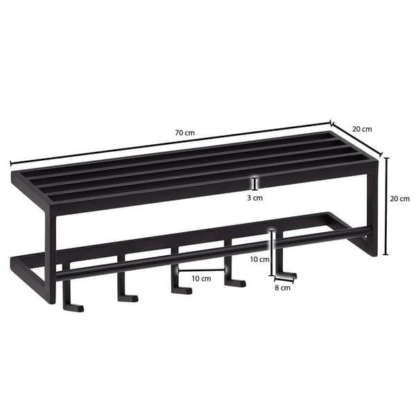 Rootz väggklädhängare metall svart 70x20x20 cm hall klädhängare med hylla - Design krokskena väggpanel stål - Garderobsvägg med hatthylla - Klädhängar