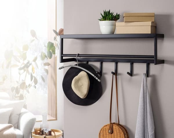 Rootz väggklädhängare metall svart 70x20x20 cm hall klädhängare med hylla - Design krokskena väggpanel stål - Garderobsvägg med hatthylla - Klädhängar