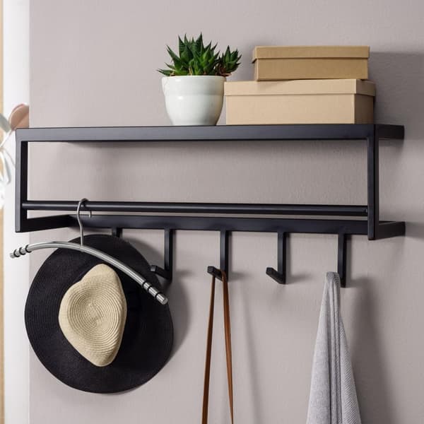 Rootz väggklädhängare metall svart 70x20x20 cm hall klädhängare med hylla - Design krokskena väggpanel stål - Garderobsvägg med hatthylla - Klädhängar