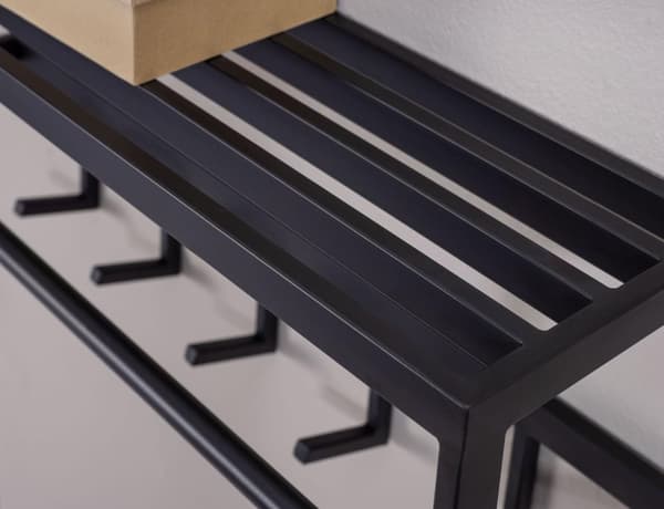Rootz väggklädhängare metall svart 70x20x20 cm hall klädhängare med hylla - Design krokskena väggpanel stål - Garderobsvägg med hatthylla - Klädhängar