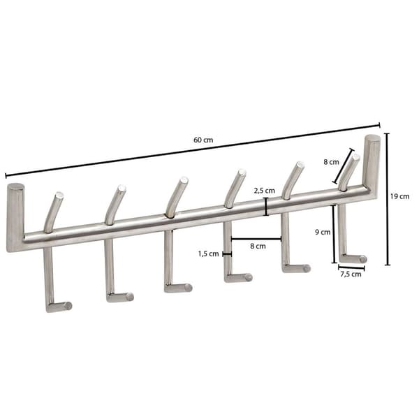 Rootz-seinänaulakko metalli hopea 60x19x10 cm design-halli naulakko teräs - Seinäpaneelin koukkukisko - Vaatekaapin seinä - Vaateteline eteinen