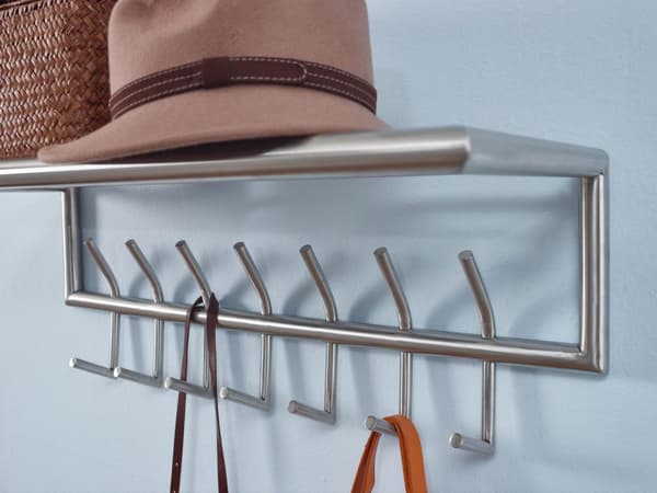 Rootz-seinäteline metalli hopea 74,5x39x19,5 cm eteisen naulakko hyllyllä - Design-koukkukisko seinäpaneeli terästä - Vaatekaapin seinä hattuhyllyllä